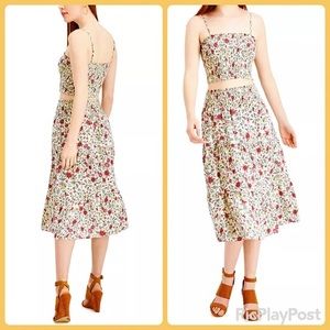 2 Piece Set Smocked Ivory Red Floral Midi Skirt & Cropped Adjustable Top NWT S